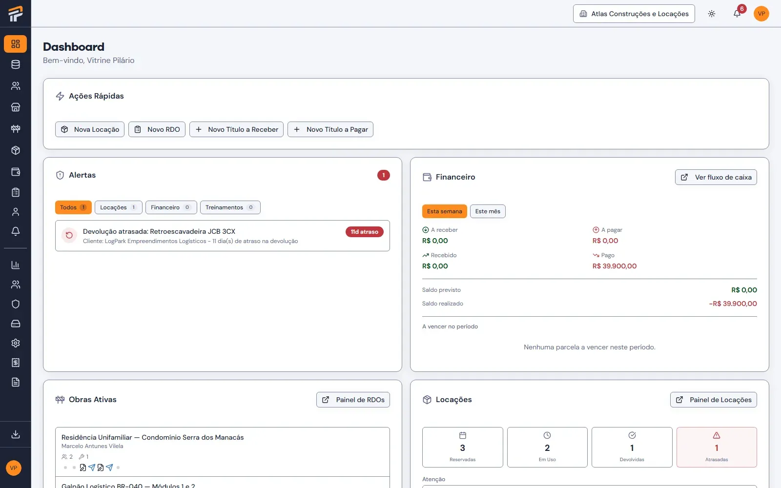Dashboard do Pilário no notebook: locações, RDOs pendentes, alertas críticos e financeiro do mês