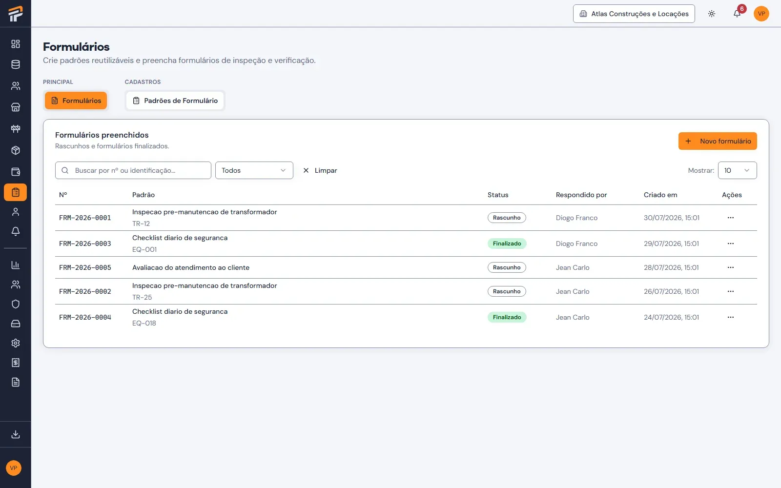 Tela real do módulo Checklists e Segurança no Pilário