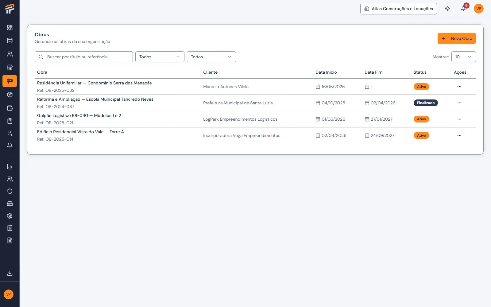Lista de obras no Pilario com referência do contrato, cliente, datas de início e fim e status ativo ou finalizado