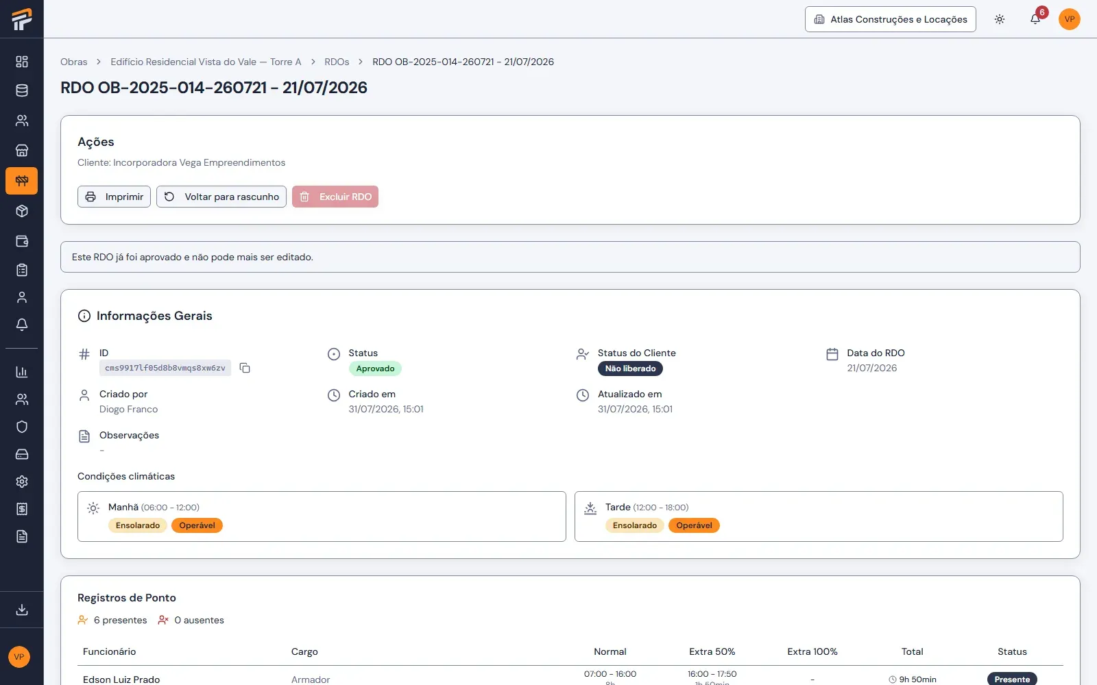 Tela de RDO digital do Pilario com registro diário, fotos e assinatura