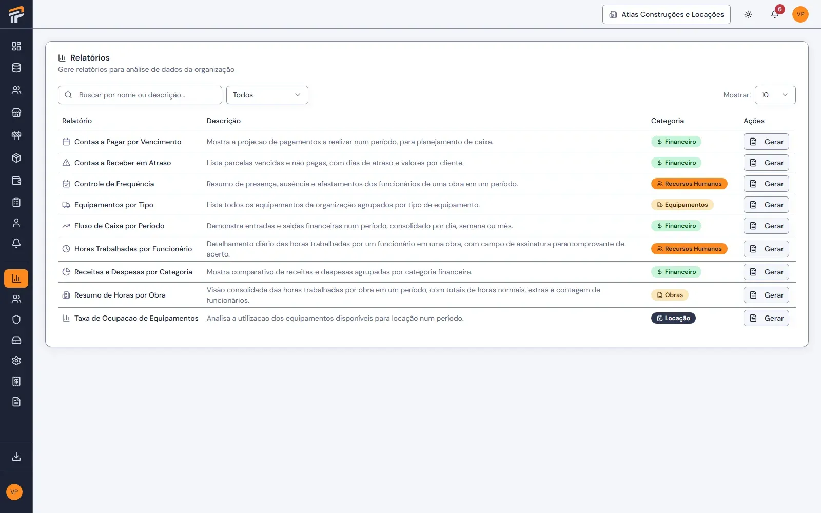Tela real do módulo Relatórios e Dashboards no Pilário